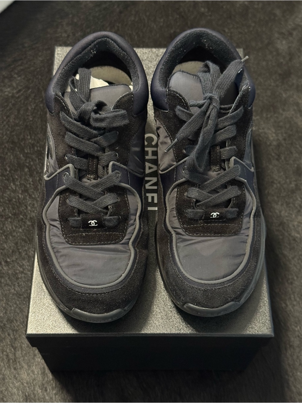 CHANEL Black Suede CC Logo Tennis Shoes